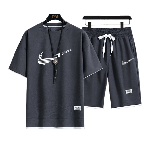 LOGO Tryck T-shirts Shorts Outfits Set Herr Sommar Casual Kortärmad Toppar Dark Grey-White 2XL