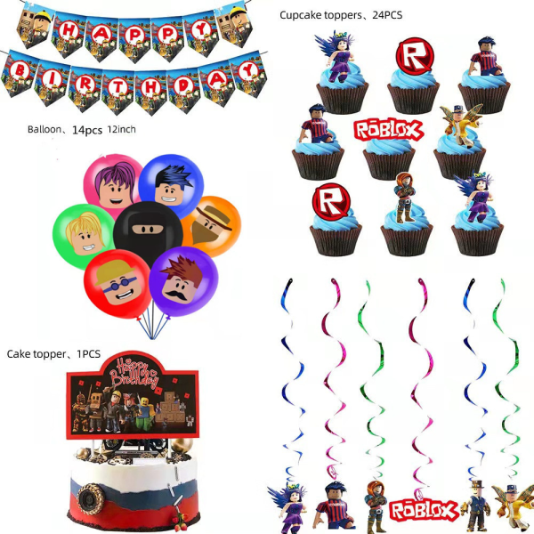 Roblox Födelsedagsfest dekoration Ballonger Banner Cake Toppers