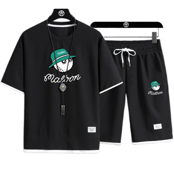 Herr Malbon Träningsoverall Set Sportkläder Kortärmad Topp Shorts Sommar Casual Street Black L