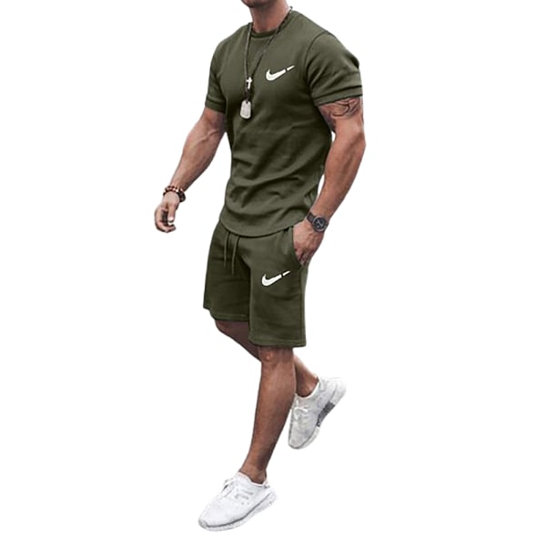 Herrar Sommar Casual Tracksuit Kortärmad Topp & Shorts Sportset Utomhus Träning T-shirts Shorts Sportkläder Army Green XL