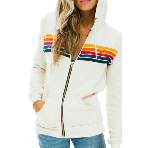 Dam Hoodie med Regnbågsmönster, Dragkedja, Långärmad, Huva, Sweatshirtjacka med Fickor White 2XL