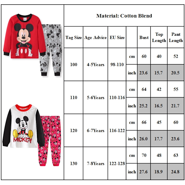 Barn Mickey Pyjamas med långa ärmar PJ Set Långärmad T-shirt Byxor Set Sovkläder Nattkläder C 110cm