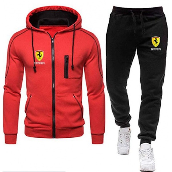 Män Sport Huvtröja Tracksuit Set Långärmad Full Zip Hoodie Sweatshirt Jacka + Joggingbyxor Sweatpants Outfit Fickor Red S