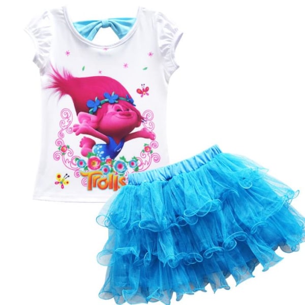 Kid Girl Trolls Print Kortärmad T-shirt Tyllkjol Outfit Sommarklänning Set Blue 120cm