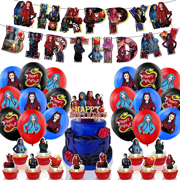Descendants: The Rise of Red Bursdagsselskapsutstyrsett, Temafestdekorasjoner Inkludert Bursdagsbanner, Kaketopp, Cupcaketopp, Ballong