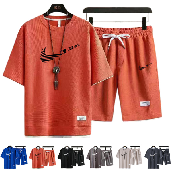 LOGO T-shirt och shorts set för män, sommar, casual, kortärmad topp Orange-Black 2XL