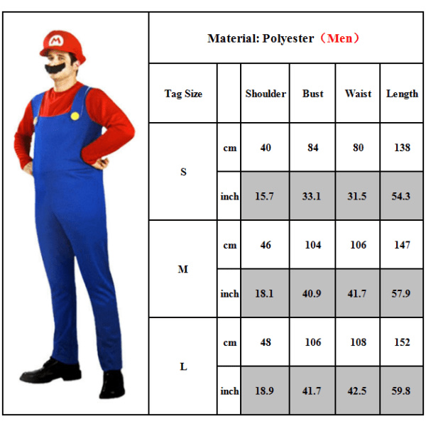 Barn Super Mario Cosplay Party Fancy Dress Kostym Set Men-Red L