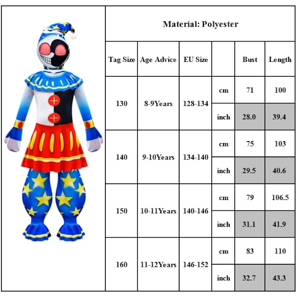 Sundrop Fnaf Moondrop Boss Clown Barnkostym för Barn Karneval Halloweenfest Cosplay 150cm