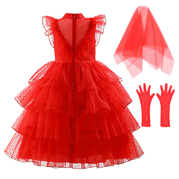 Flickor Lydia Deetz Kostymklänning Röd Bröllopsklänning Aftonklänning Gotisk Skalbagge Cosplay Död Brud Halloween Outfits 120cm