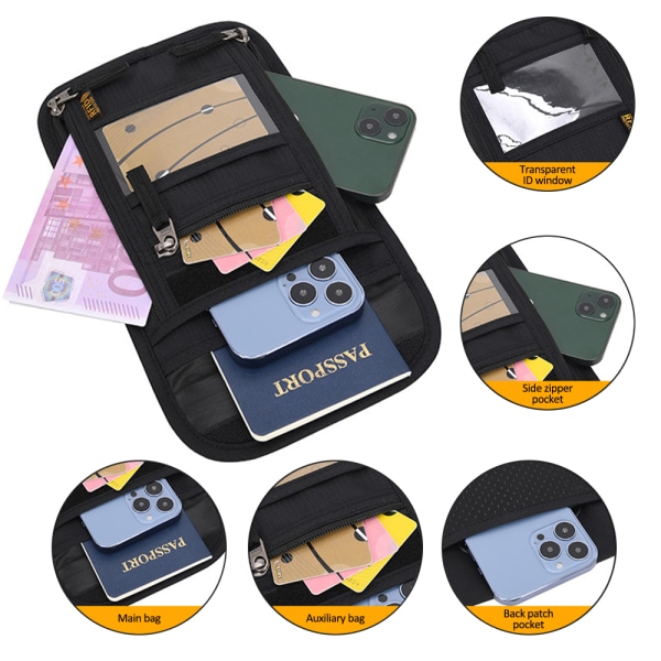 Multifunktionell passhållare blixtlåsplånbok RFID-blockeringsväska med justerbar rem Black
