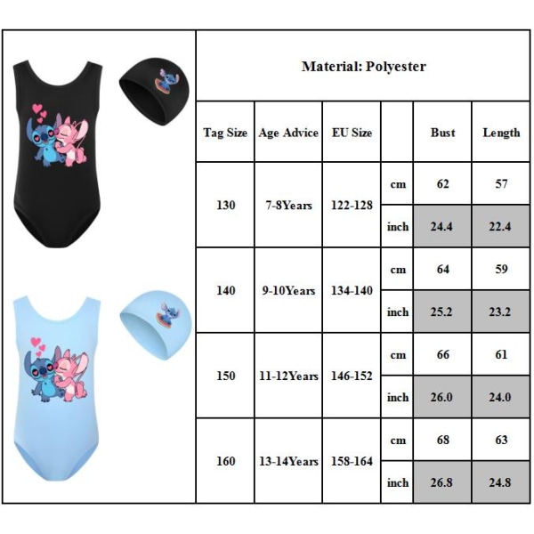 Flickor Lilo och Stitch Badkläder Simdräkt Baddräkt Bikinihatt 2st/ set Black 130cm