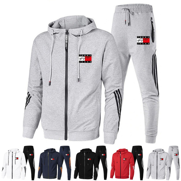 Männs TomyJeans Helzippade Varma Hoodie Toppar & Joggingbyxor Jacka Träningsdräkt Set Red 3XL