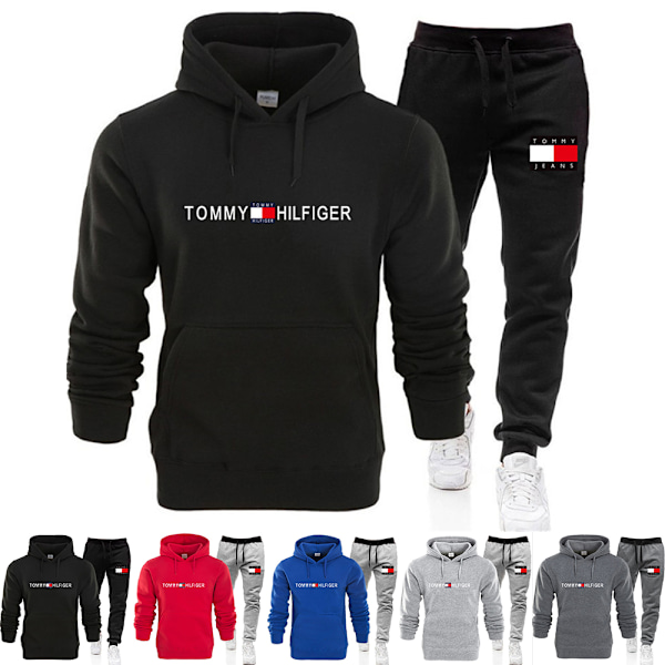 Herrar Tommy Hilfiger Sport Hoodie Tracksuit Set Långärmad Hoodie Sweatshirt Jacka + Joggingbyxor Sweatpants Outfit Fickor Black 2XL