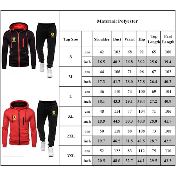 Män Sport Huvtröja Tracksuit Set Långärmad Full Zip Hoodie Sweatshirt Jacka + Joggingbyxor Sweatpants Outfit Fickor Red XL