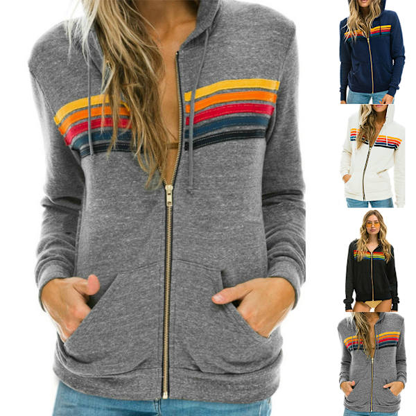 Dam Hoodie med Regnbågsmönster, Dragkedja, Långärmad, Huva, Sweatshirtjacka med Fickor Blue S
