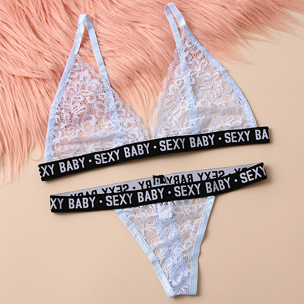 Sexig blommig bokstavstryck nattlinne bh stringunderkläder set för kvinnor black XL