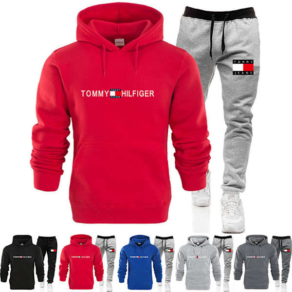 Herrar Tommy Hilfiger Sport Hoodie Tracksuit Set Långärmad Hoodie Sweatshirt Jacka + Joggingbyxor Sweatpants Outfit Fickor Black 2XL