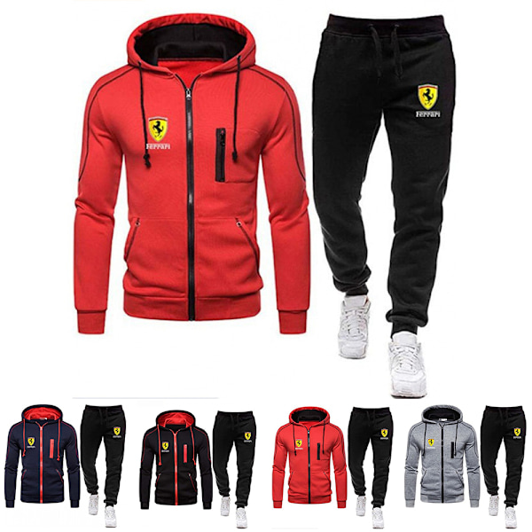 Män Sport Huvtröja Tracksuit Set Långärmad Full Zip Hoodie Sweatshirt Jacka + Joggingbyxor Sweatpants Outfit Fickor Black 2XL