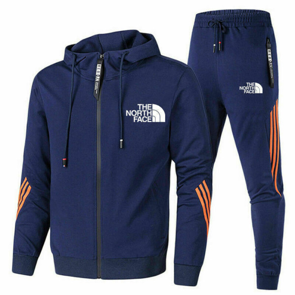 Män Helzippade Tryckt Hoodie Jacka Långa Sweatpants Joggers Sport Gym Tracksuit Set Navy Blue S