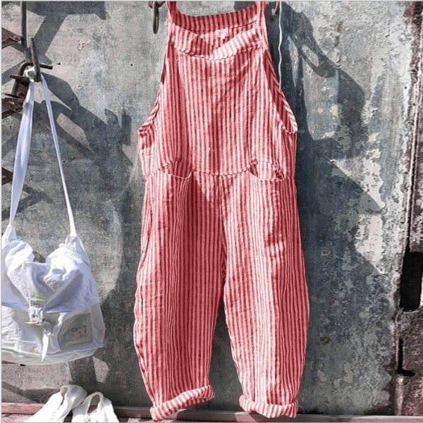 Dam Bomull Linne Randig Jumpsuit Dungarees Playsuit Overall röd red M