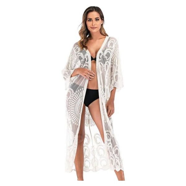 Sexy Kimono Women Lace Cardigan Floral Crochet Front Cardigan Summer Beach Long Cover Up Beach Dresses