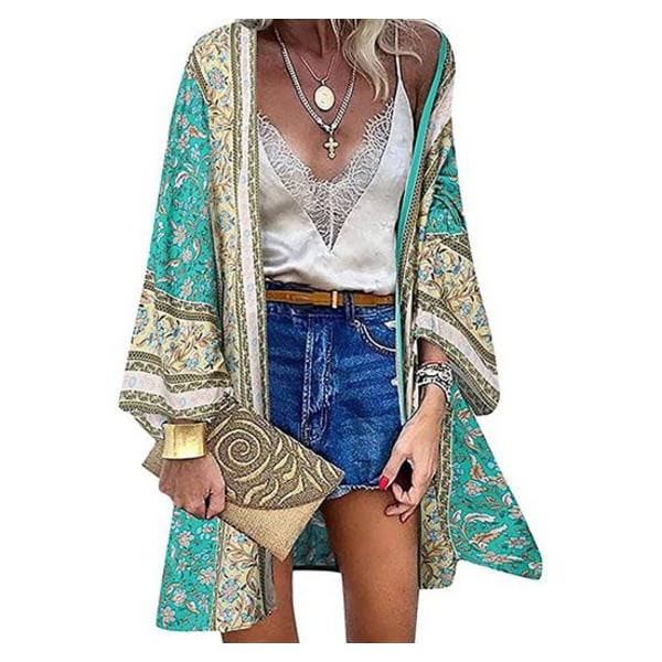 Boho-kimono-koftan med blommigt tryck - perfekt som bikiniöverdel