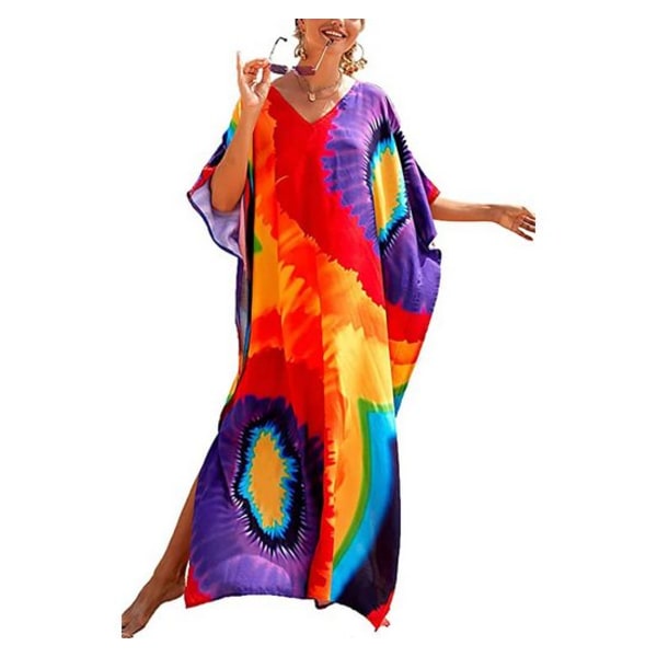 L-Peach Women's Bohemian Kaftan Nightgown Long Loungewear Beach Dress Cover Ups Robe Sarong Pareo