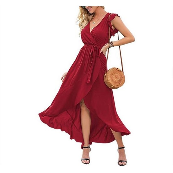 Women's Fashion Casual Short Sleeve Staggered V-Neck Floral Printed Hem Staggered Slit Dress, Super Long Party Dress Red- M/L/XL