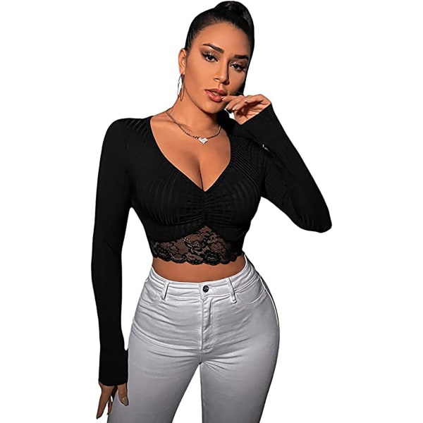 Women's Lace Crop T-Shirts Bare Midriff Long Sleeve Tops Plunging V Neck Class Slim Long Sleeve Shirt Fall Shirt Pullover