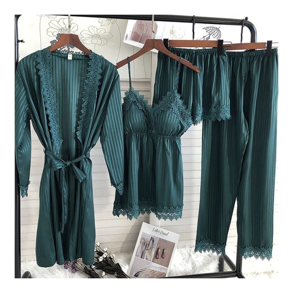 Women's Pajamas in Silky Striped Satin with Lace 4 Piece Set