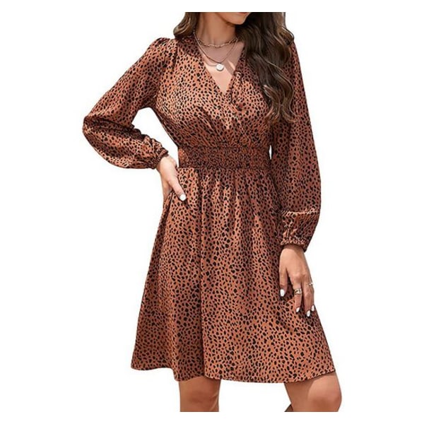 Women's leopard print wrap dress with V-neckline and long sleeves
