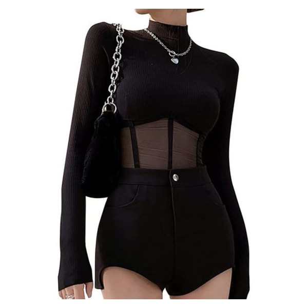 Women's mesh long-sleeved shirt with cut-outs and patchwork details