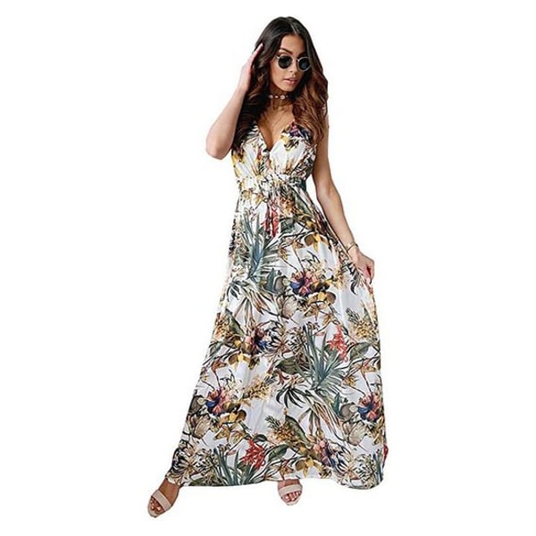 Summer maxi dress with floral pattern and halter V-neckline