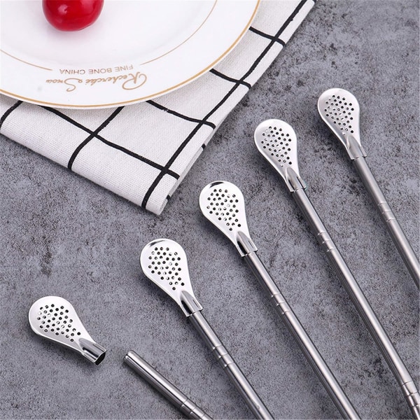 Stainless Steel Yerba Mate Drinking Straws with Filter Spoon and 2 Cleaning Brushes Detachable Filtered Spoons Drinking Straws 18.5cm Pack of 6