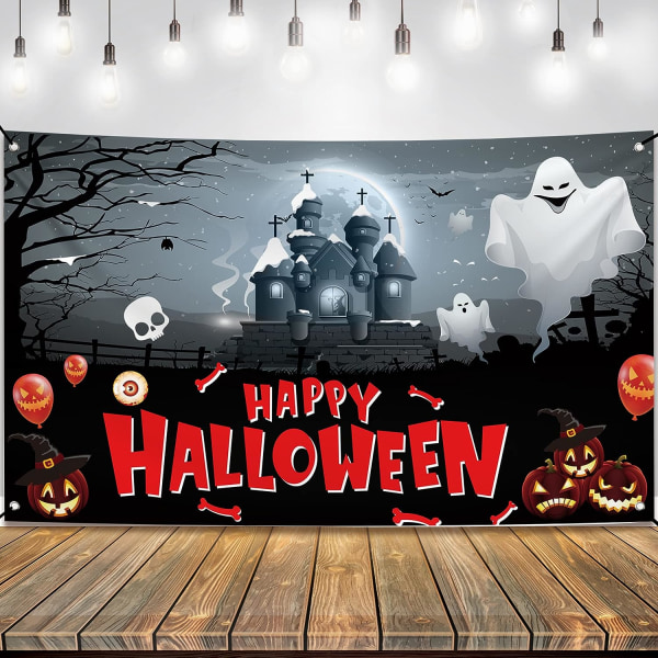 Skrämmande Happy Halloween Banner - XtraLarge, 72x44 tum | Svart