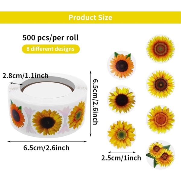 1000 bitar 1 tums solrosdekaler, sommarsolrosetiketter med 8