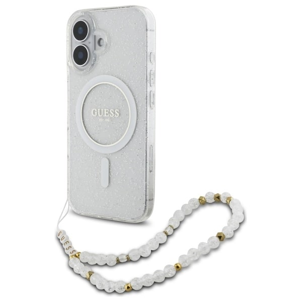 Guess IML Glitter With Pearl Strap MagSafe iPhone 16 Plus Case - Clear Transparent