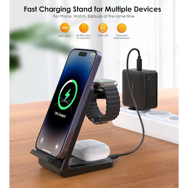 Choetech T608 15W 3in1 induction charging station - black Black