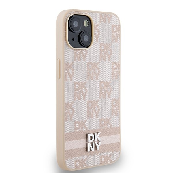 DKNY Leather Checkered Mono Pattern &amp; Printed Stripes Case for iPhone 15 Plus / 14 Plus - Pink Pink