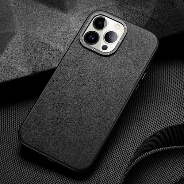 Dux Ducis Grit Leather Case for iPhone 14 Pro Max Elegant Faux Leather Cover (MagSafe Compatible) Black Black