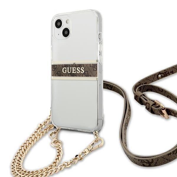 [RETURNED ITEM] Guess GUHCP13SKC4GBGO iPhone 13 mini 5.4" Transparent hardcase 4G Brown Strap Gold Chain Transparent