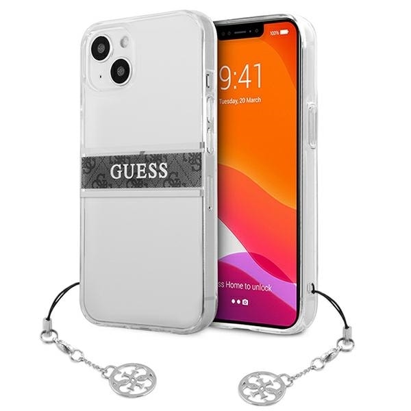 Guess GUHCP13SKB4GGR iPhone 13 mini 5.4&quot; Transparent hardcase 4G Gray Strap Charm Transparent