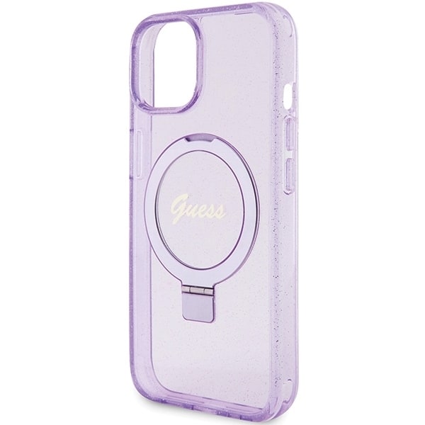 Guess Ring Stand Script Glitter MagSafe case for iPhone 15 - purple Violet