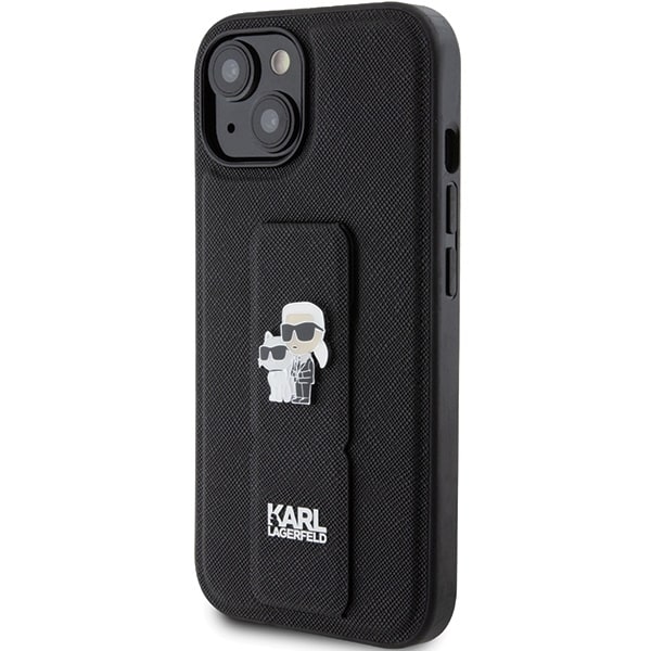 Karl Lagerfeld Gripstand Saffiano Karl&amp;Choupette Pins case for iPhone 15 Plus / 14 Plus - black Black