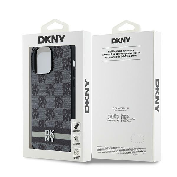 DKNY Leather Checkered Mono Pattern &amp; Printed Stripes Case for iPhone 14 Pro Max - Black Black