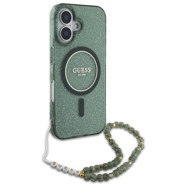 Guess IML Glitter With Pearl Strap MagSafe case for iPhone 16 - green Green