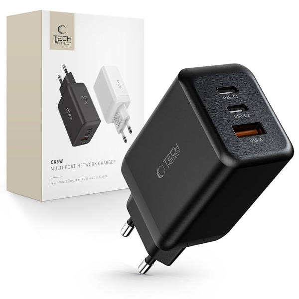 Tech-Protect C65W charger 2x USB-C PD 65W / USB-A QC 3.0 - black Black