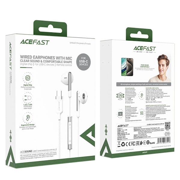 Acefast L3 Wired USB-C Headphones with Microphone - White White