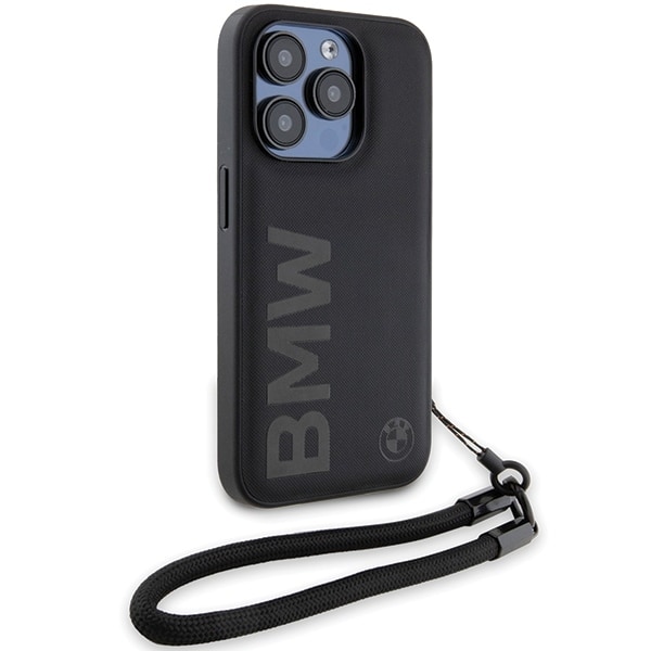 BMW Signature Leather Wordmark Cord case for iPhone 15 Pro Max - black Black