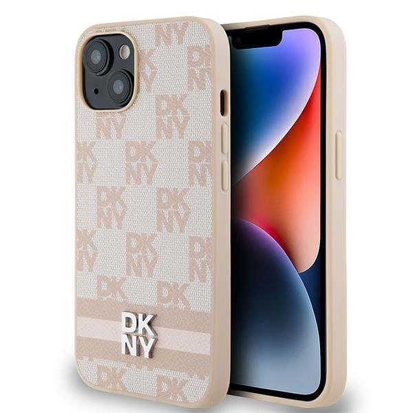 DKNY Leather Checkered Mono Pattern &amp; Printed Stripes Case for iPhone 15 Plus / 14 Plus - Pink Pink